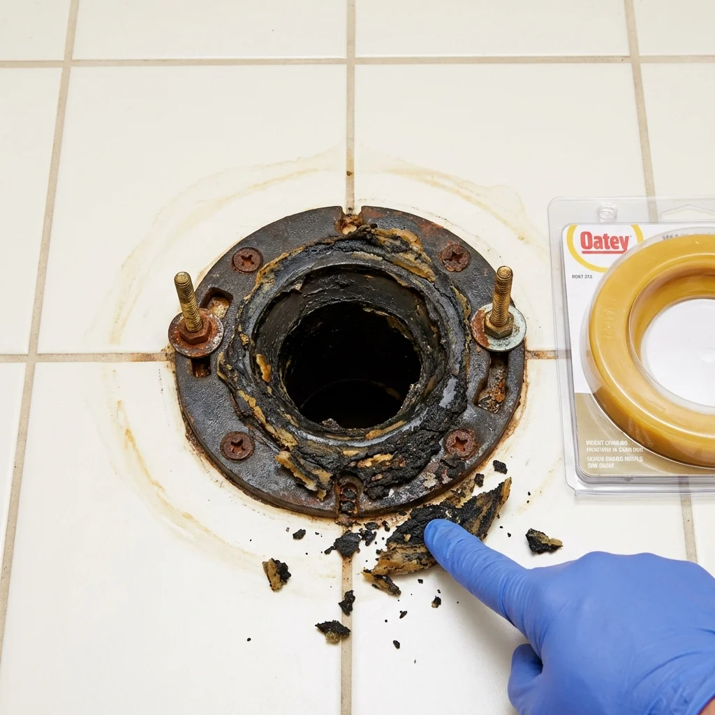 Failed wax ring showing water seepage at the base of a toilet in a Independence, VA home