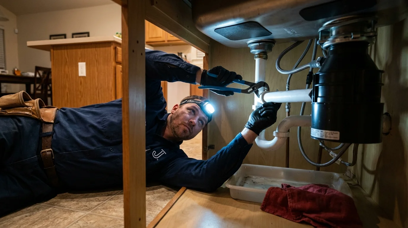 P-trap and supply line connections under a kitchen sink showing a common leak point in Independence, VA